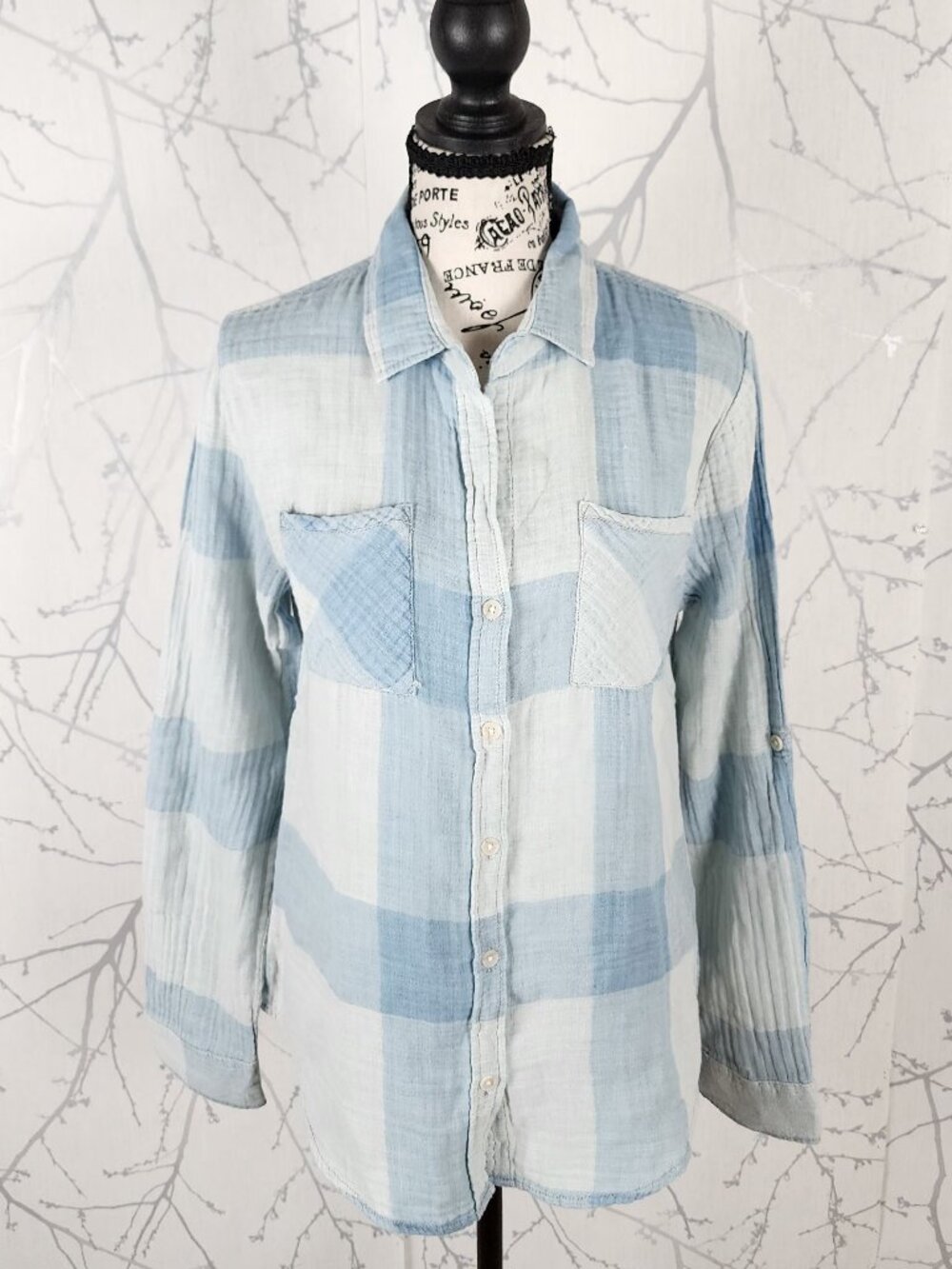 Paparazzi Pale Blue Checks Cotton Gauze Button Front Shirt